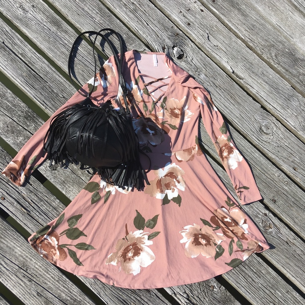 Strappy criss cross floral print dress nude mauve - Picture 7 of 7